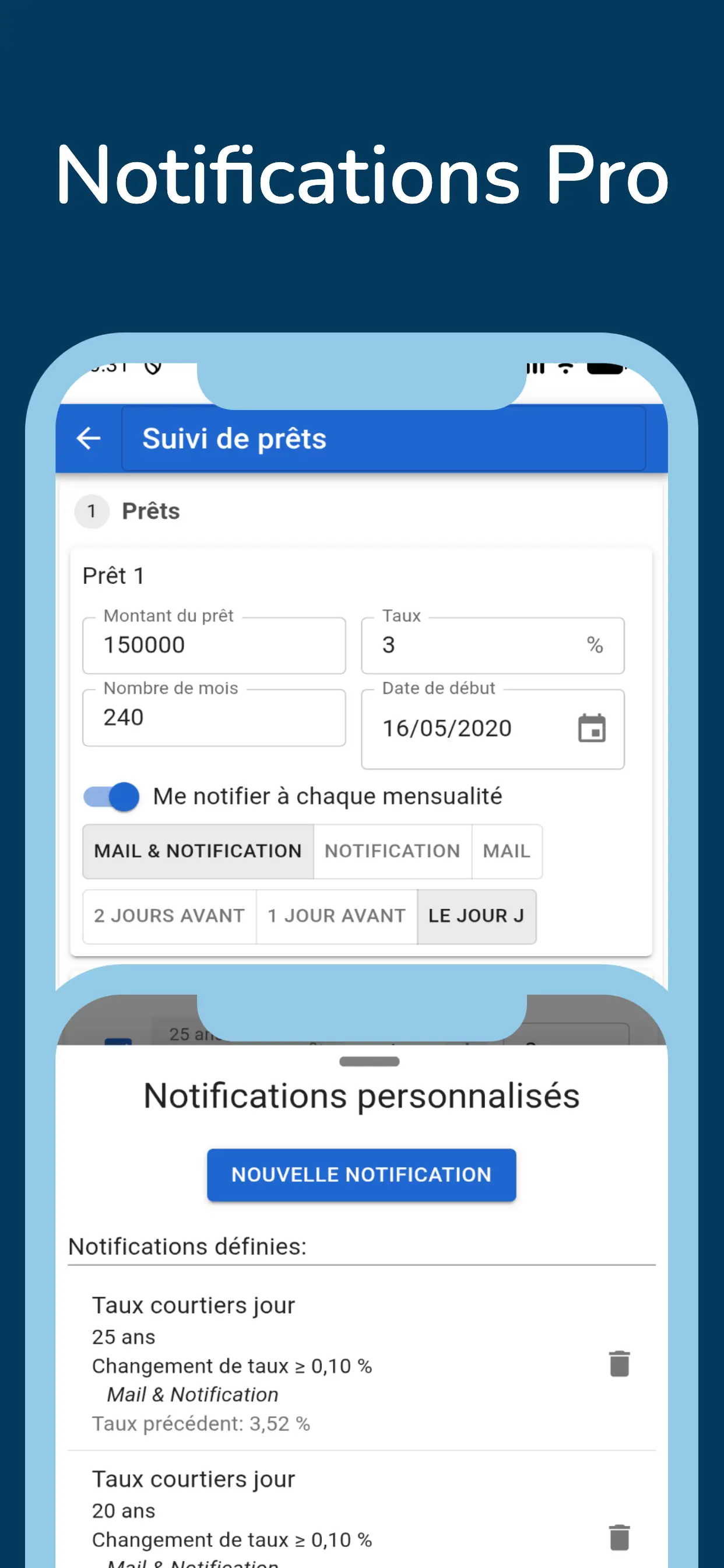 Notifications pro à chaque mensualité du prêt, notifications au changement des taux immobiliers